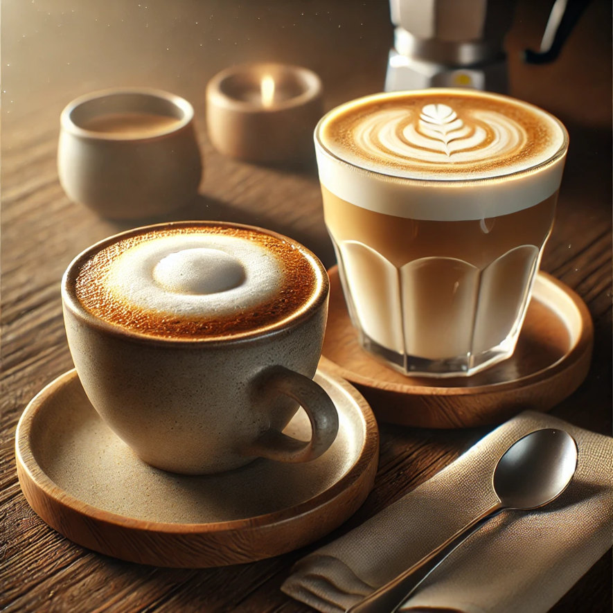 En kopp cappuccino bredvid ett glas latte