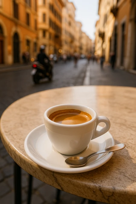 En espresso på cafébord på gata i Rom, Italien
