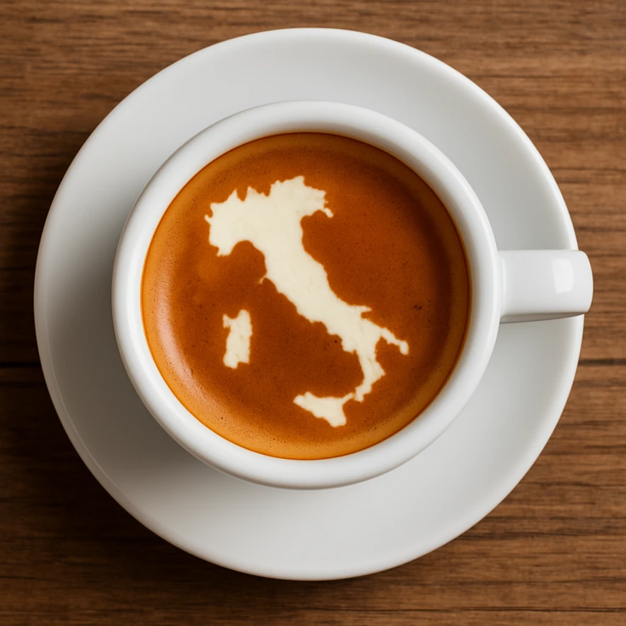 En kopp kaffe med crema på toppen formad som Italiens karta