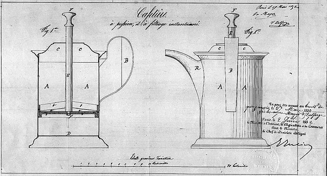 Ritning på kaffepress, patent 1852